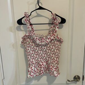 J. Crew Pink and White Smocked Ruffle Tank Top